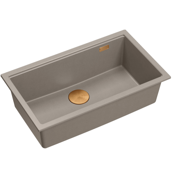 Zlewozmywak granitowy LOGAN 110 - jednokomorowy, podwieszany, soft taupe/elementy miedziane, Quadron