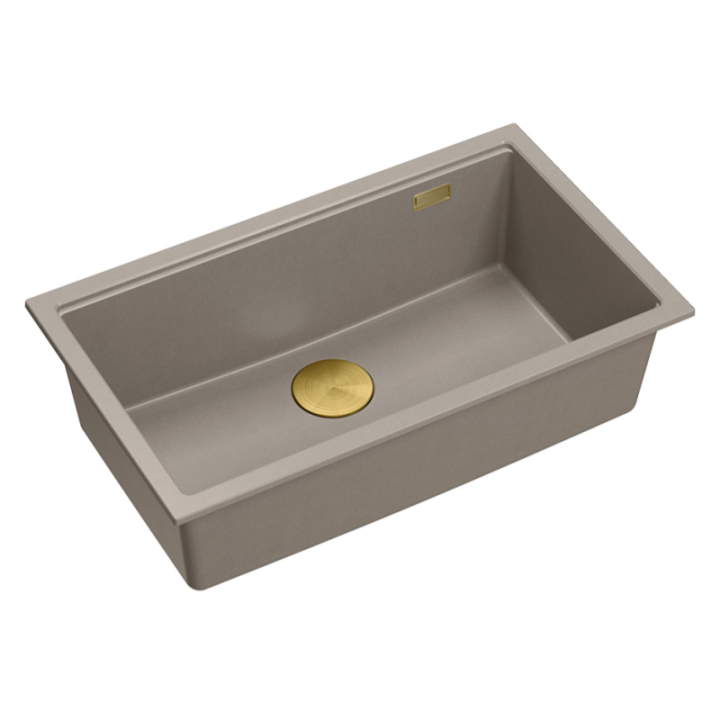 Zlewozmywak granitowy LOGAN 110 - jednokomorowy, podwieszany, soft taupe/elementy złote, Quadron