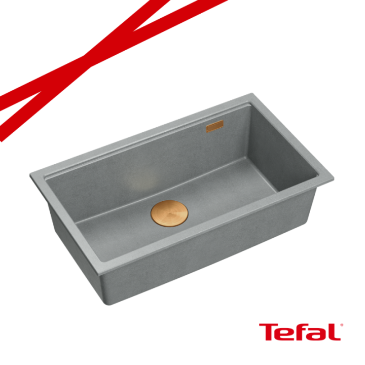 LOGAN 110 GraniteQ zlewozmywak silver stone 76x45x23,5 cm 1-komorowy wpuszczany z syfonem manualnym miedziany + PATELNIA TEFAL W
