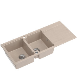 Zlewozmywak granitowy EVAN 121 - dwukomorowy, wpuszczany, pearl beige/elementy stalowe, Quadron