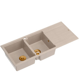 Zlewozmywak granitowy EVAN 121 - dwukomorowy, wpuszczany, pearl beige/elementy miedziane, Quadron