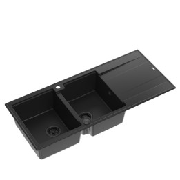 Zlewozmywak granitowy EVAN 121 - dwukomorowy, wpuszczany, pure carbon/elementy pure carbon, Quadron