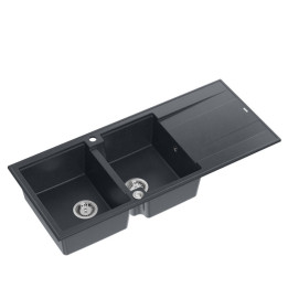 Zlewozmywak granitowy EVAN 121 - dwukomorowy, wpuszczany, black diamond/elementy stalowe, Quadron