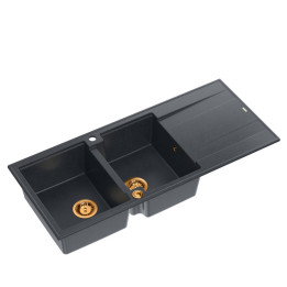 Zlewozmywak granitowy EVAN 121 - dwukomorowy, wpuszczany, black diamond/elementy miedziane, Quadron