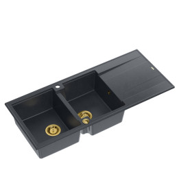 Zlewozmywak granitowy EVAN 121 - dwukomorowy, wpuszczany, black diamond/elementy złote, Quadron
