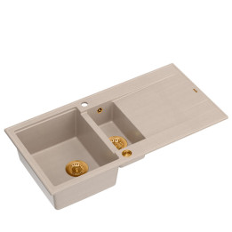 Zlewozmywak granitowy EVAN 156 - półtorakomorowy, wpuszczany, pearl beige/elementy miedziane, Quadron