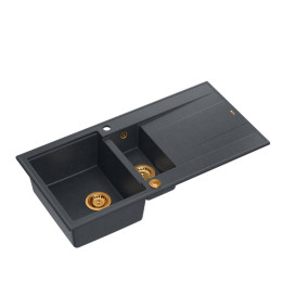 Zlewozmywak granitowy EVAN 156 - półtorakomorowy, wpuszczany, black diamond/elementy miedziane, Quadron