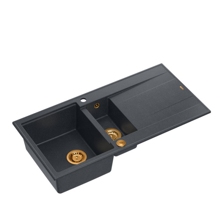 Zlewozmywak granitowy EVAN 156 - półtorakomorowy, wpuszczany, black diamond/elementy miedziane, Quadron