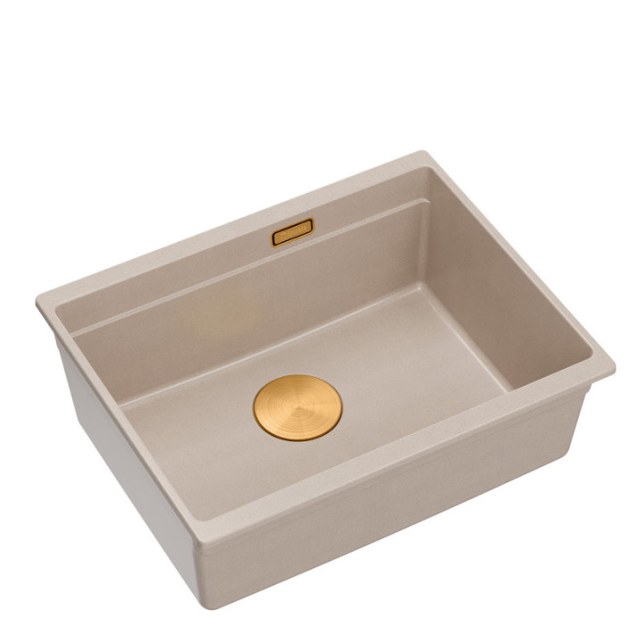 Zlewozmywak granitowy LOGAN 100 - jednokomorowy, podwieszany, pearl beige/elementy miedziane, Quadron