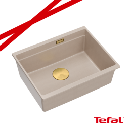 LOGAN 100 GraniteQ zlewozmywak pearl beige 56x45x21,5 cm 1-komorowy podwieszany z syfonem manualnym złoty + PATELNIA TEFAL INDUK