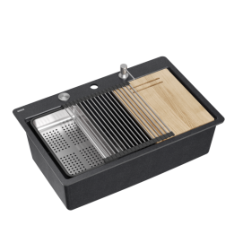 Zlewozmywak granitowy MARC 110 FM WORKSTATION - jednokomorowy, black diamond/elementy stalowe + AKCESORIA, Quadron