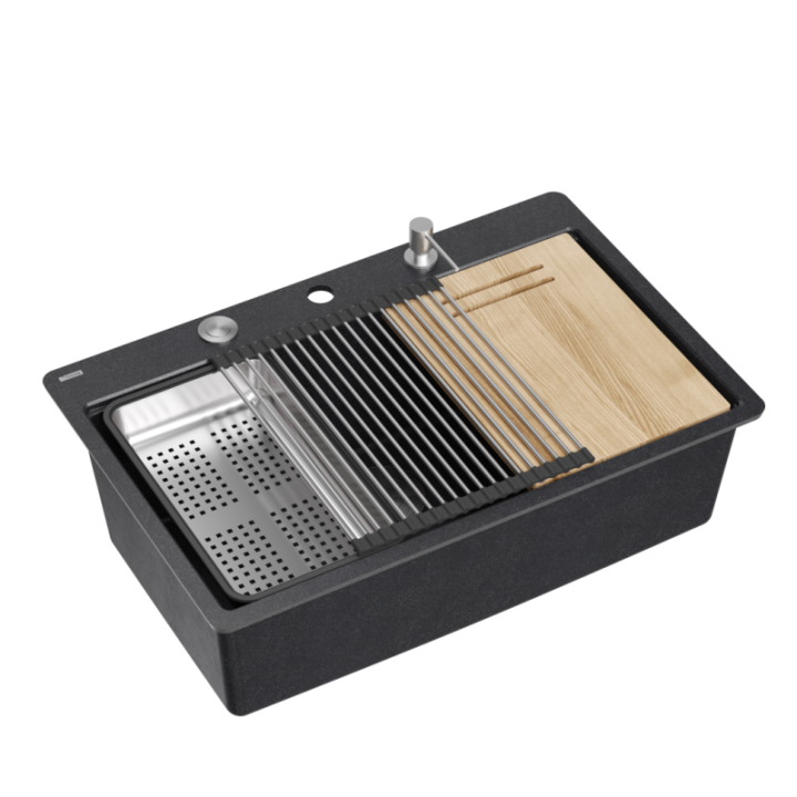 Zlewozmywak granitowy MARC 110 FM WORKSTATION - jednokomorowy, black diamond/elementy stalowe + AKCESORIA, Quadron