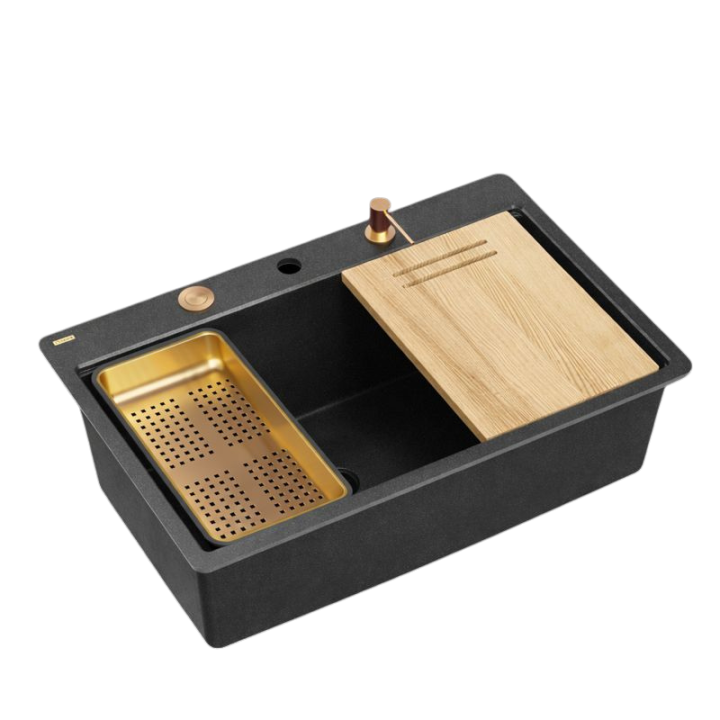 Zlewozmywak granitowy MARC 110 FM WORKSTATION - jednokomorowy, na równi z blatem, black diamond/elementy miedziane + AKCESORIA, 