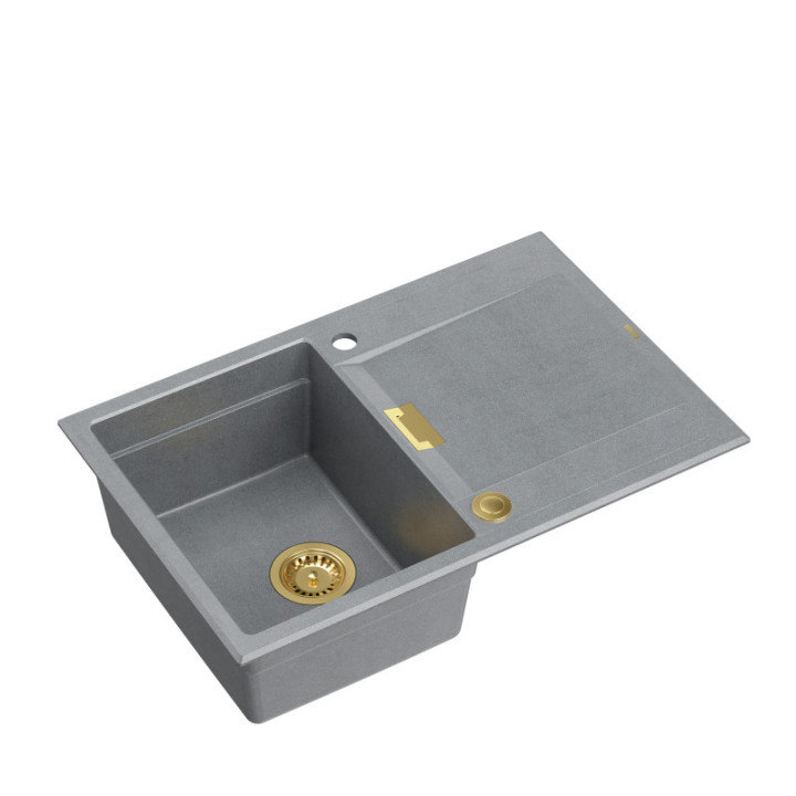 Zlewozmywak granitowy OWEN 111 - jednokomorowy, wpuszczany, silver stone/elementy złote, Quadron