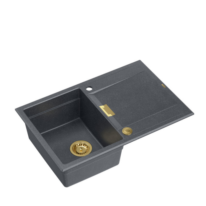 Zlewozmywak granitowy OWEN 111 - jednokomorowy, wpuszczany, black diamond/elementy złote, Quadron