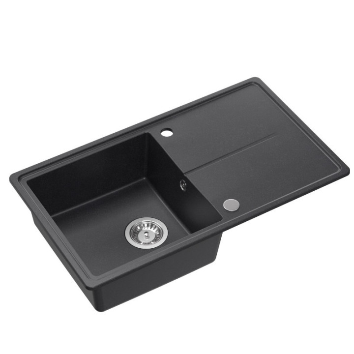 Zlewozmywak granitowy TONY 111 - jednokomorowy, wpuszczany, black dotted/elementy stalowe, Quadron
