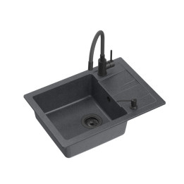 Zestaw READY-SMART zlewozmywak granitowy z baterią, dozownikiem i deską - jednokomorowy, wpuszczany, very black/elementy czarne,