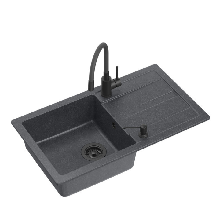 Zestaw READY-MAX zlewozmywak granitowy z baterią, dozownikiem i deską - jednokomorowy, wpuszczany, very black/elementy stalowe, 