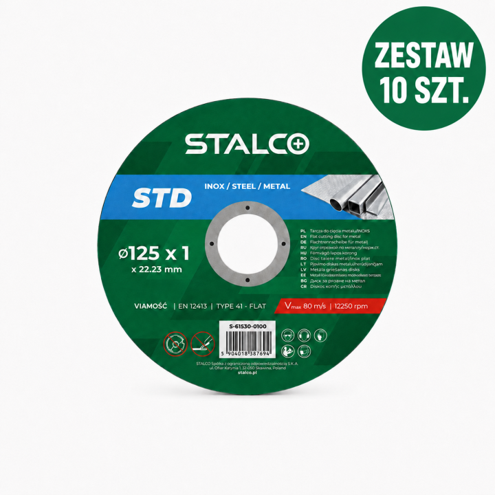 ZESTAW 10 x Tarcza do cięcia metalu INOX STALCO STD 125 x 1,0 mm płaska