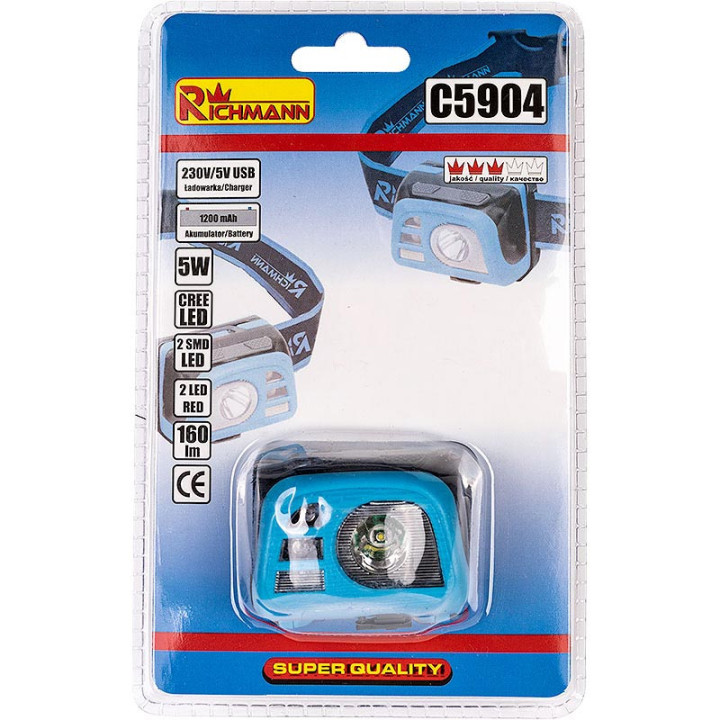 Latarka na głowę akumulatorowa CREE LED 5W USB, 8 trybów, 160 lm