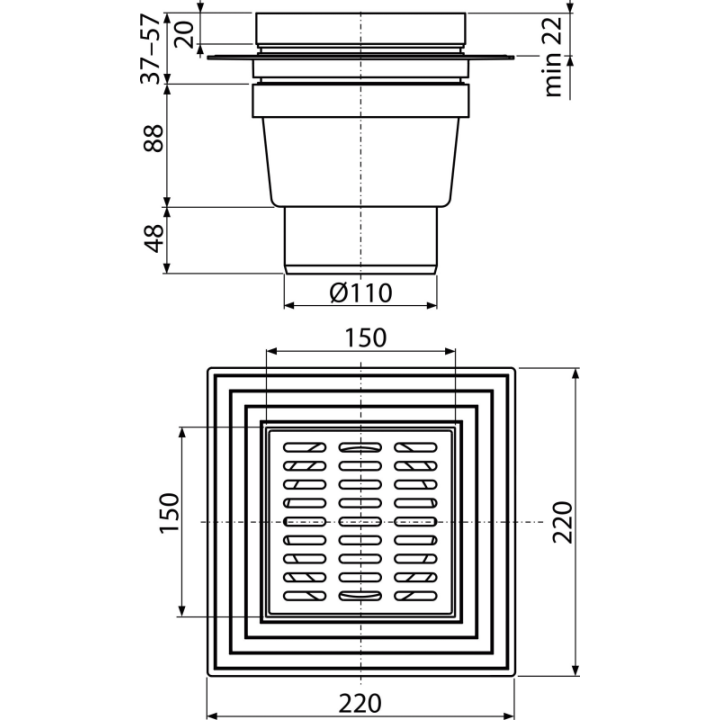 Kratka ściekowa 150×150/110 mm odpływ pionowy, kratka szara, dwa poziomy izolacji, syfon mokry