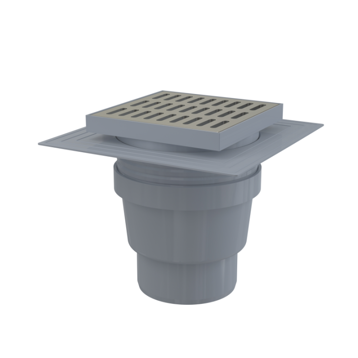 Kratka ściekowa 150×150/110 mm odpływ pionowy, kratka nierdzewna, dwa poziomy izolacji, syfon mokry