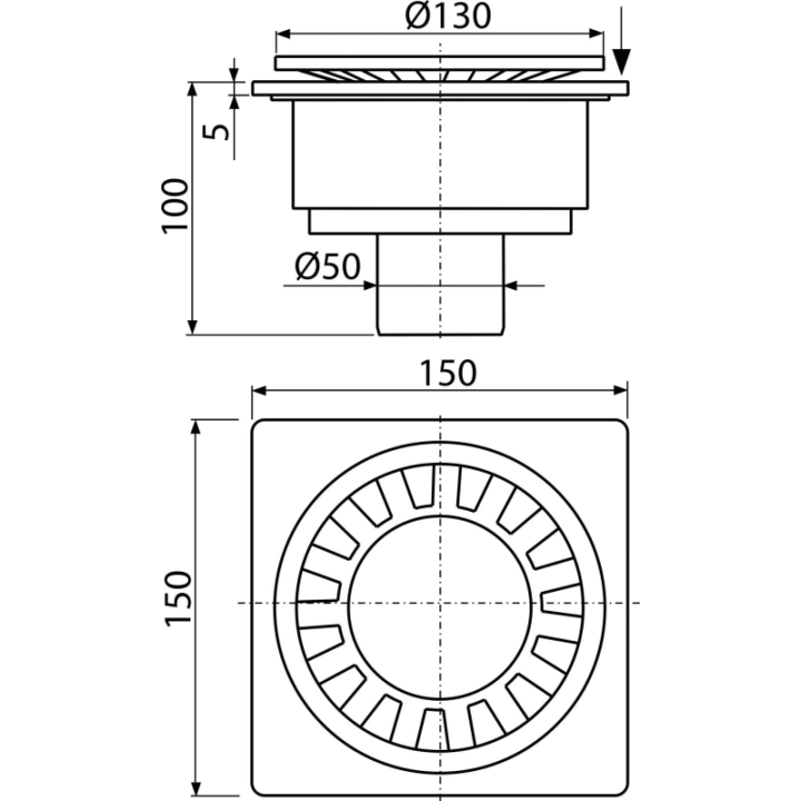 Kratka ściekowa 150×150/50 mm odpływ pionowy, kratka szara, syfon mokry