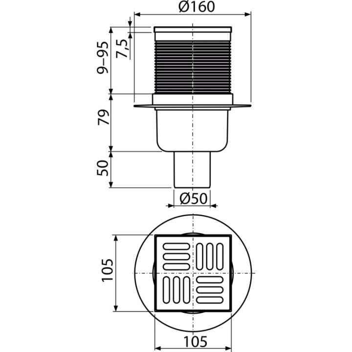 Kratka ściekowa 105×105/50 mm odpływ pionowy, kratka nierdzewna, syfon mokry