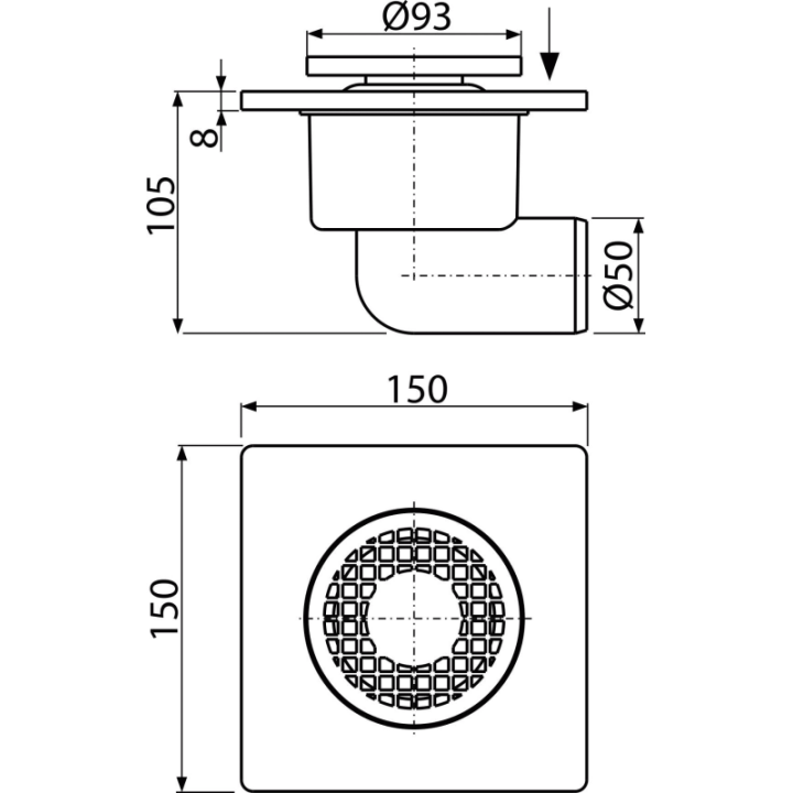 Kratka ściekowa 150×150/50 mm odpływ boczny, kratka szara, syfon mokry