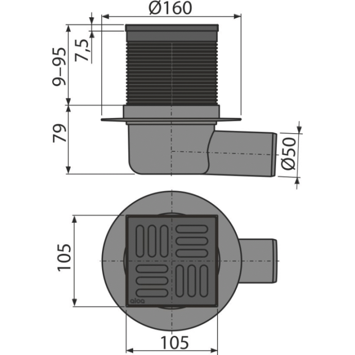 Kratka ściekowa 105×105/50 mm odpływ boczny, kratka nierdzewna czarny-mat, kombinowany syfon SMART
