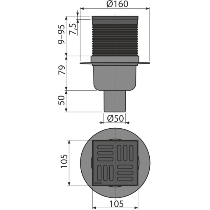 Kratka ściekowa 105×105/50 mm, odpływ pionowy, kratka nierdzewna, czarny-mat, kombinowany syfon SMART